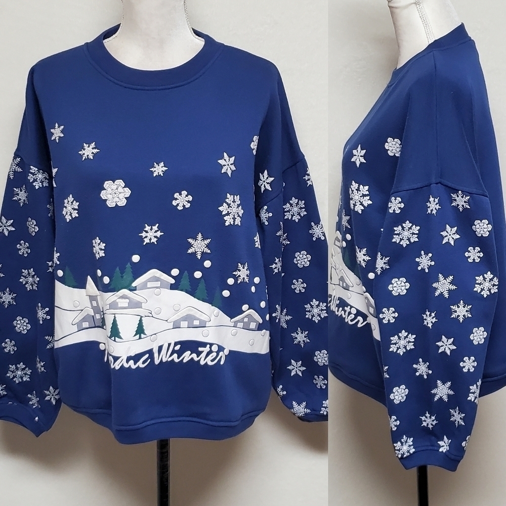 Winter Wonderland Vintage Maggie Lawrence Blue White Nordic Winter Sweatshirt L